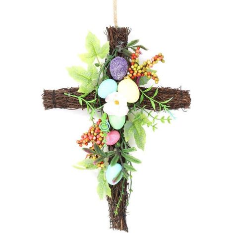 Guirlande De Pâques - Couronne En Forme De Croix Avec Fleurs Artificielles - Décoration De Porte D'intérieur Ou D'extérieur - 30 Cm (1/5)