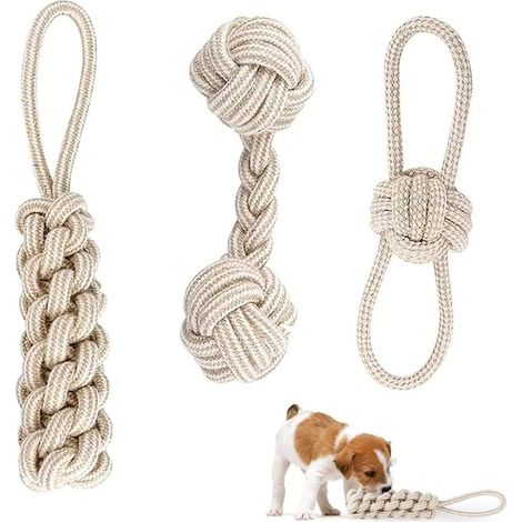 Lot de 3 Jouets en Corde pour Chien, Corde à Mâcher en Coton Naturel, Jouets Interactifs pour Nettoyage des Dents, Petits et Moyens Chiens (1/5)