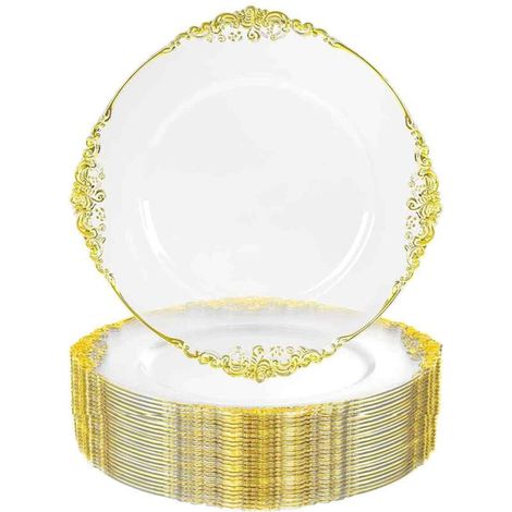 Assiettes jetables en plastique transparent 20 cm – Lot de 10 avec bordure baroque dorée pour fêtes et événements