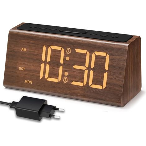 Réveil en Bois – Réveil Numérique avec Double Alarme, Port de Charge USB, Affichage de l'Heure et du Jour de la Semaine (1/5)