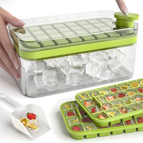 Cubitera con recipiente y tapa, 2 x 32 cubitos de hielo, Fácil de usar: solo hay que presionar para extraer el hielo, 23,8 x 13,5 x 10,9 cm (1/5)