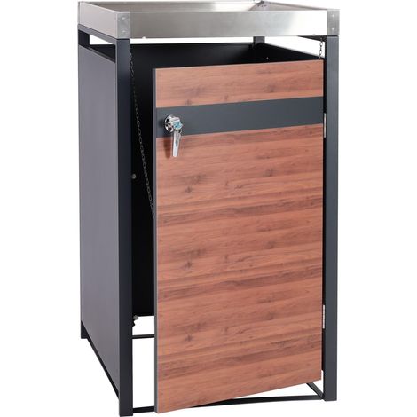 1er Mülltonnenverkleidung mit Pflanzkasten HHG-340, erweiterbar, Metall 37kg, anthrazit Kirsche-Holzoptik dunkelbraun