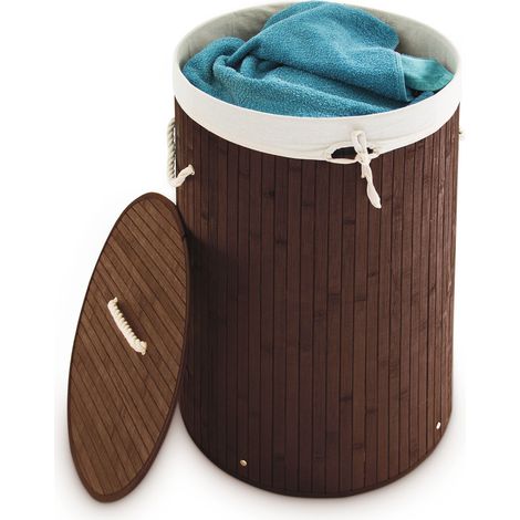 3 Cestos Ropa Sucia con Tapa, Redondo, Cubo Colada, Canasta Plegable, Bambú, 70 L, Ø 41 cm, Marrón
