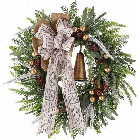 Couronne de Noël artificielle avec cloches et ruban, couronne de Noël verte pour porte, pour maison, mur, fenêtre, porche (45 cm/17,7 po) (1/4)