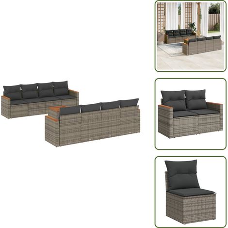9-tlg. Garten-Sofagarnitur mit Kissen Grau Poly Rattan - Gartensorte - Gartenmöbelset - Outdoor Lounge - Rattan Gartenmöbel - Esstisch Set (1/5)