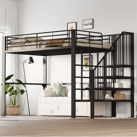DESVIAE Lit mezzanine 140 x 200 avec escalier rangement sous le lit structure en métal noir et bois pour enfants et adultes (1/5)