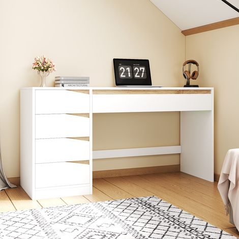 Modernluxe - Bureau avec 5 tiroirs 140x50x78 cm - Coiffeuse avec rangements - Panneaux de particules - Blanc et naturel (1/5)