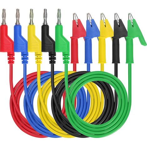 Multimeter-Messspitzen mit Bananenstecker und Krokodilklemmen, 5 Stück, 4 mm stapelbare, farbige Silikon-Messspitzen mit Bananenstecker und Krokodilklemmen, Messleitungskabel 1 m (1/5)