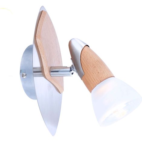 LED Wandstrahler Silber matt mit Holz, Glasschirm satiniert, Breite 9,5cm (1/2)