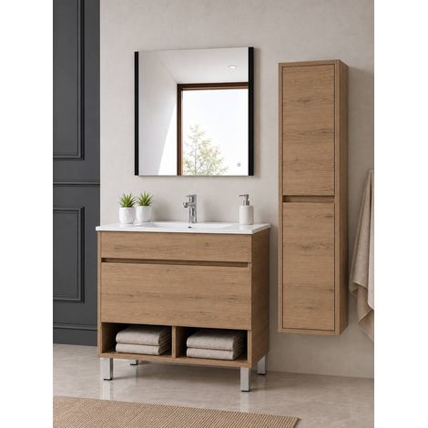 Mueble de baño con patas con lavabo extraplano ORIGENBATH NEBARI con patas y cajón sin espejo 120x45 cm 1 seno estepa con columna (1/5)