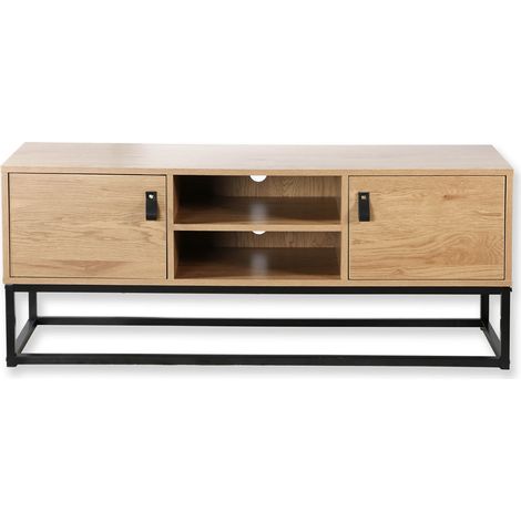 Meuble TV décor chêne 2 portes et 2 niches L120 cm – Style industriel avec piétement métal noir – Rangement optimisé pour salon (1/5)