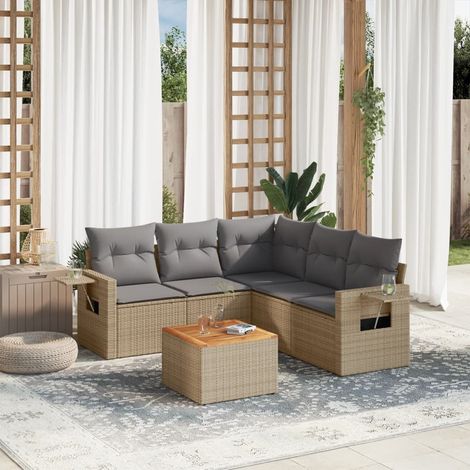 6-tlg. Garten-Sofagarnitur mit Kissen Beige Poly Rattan (1/5)