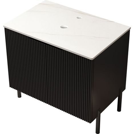 Encimera independiente de 76 cm de Carrara blanco sinterizado y armario de contrachapado negro con dos puertas. Sin lavabo, sin grifo y sin tapa de fregadero (1/4)