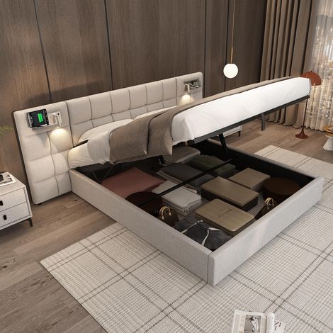 Lit rembourré 180 x 200 cm, sommier hydraulique, avec port USB, chargeur sans fil, lampe d'éclairage et espace de rangement, pour adultes et adolescents, sommier à lattes en bois, montage facile, lin (1/5)