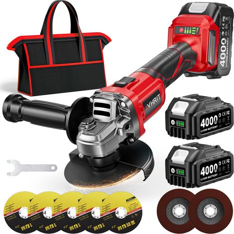 Meuleuse d'angle sans fil 21 V, 10 000RPM Disqueuse Sans Fil, 2x Batteries 4.0Ah, moteur sans balais, 3 vitesses, protection à serrage rapide, pour une coupe et un meulage précis (1/5)