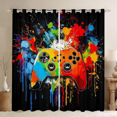 Rideau Occultant 140x260 cm Gamer Rideau Consoles de Jeu Tie Dye Graffiti Rideaux Voilage Jeu Voilage Fenetre Art Abstrait Aquarelle pour Chambre Salon - 140L X 260H cm (2 Panneaux) (1/5)