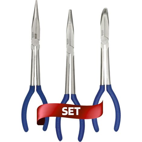 SW-Stahl 40710L Spitzbackenzangensatz 3-teilig I Spitzzange Set I extra lange Spitzzange 310 mm I Zange gerade / 45° / 90° gebogen I für schwerliegende Bereiche (1/5)