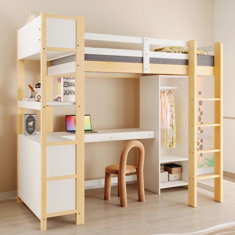 Lit mezzanine 90x200 cm avec bureau, étagères et armoire, pin et MDF, naturel (1/5)