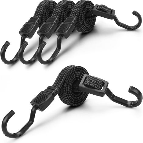 Lot de 4 Tendeurs en Caoutchouc (avec Crochets/Mousqueton) Réglables en Métal Tendeur à Bagages Extra Solide pour Voiture, Vélo, Camping, Voyages -100 cm - Noir (Tendeurs avec Crochets) (1/5)