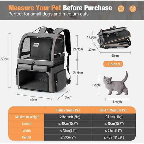 Backpack for 2 Cats, Double Compartment, Up to 11 kg, Grey Ventilated bag for two cats up to 11 lbs each or one animal up to 11 kg, reinforced frame and 2 safety leashes (1/4)