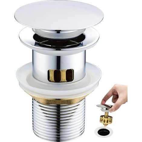 Bonde de lavabo à clapet avec trop-plein et panier filtrant, adaptée aux lavabos avec une ouverture de 1 1/4 pouce. (1/5)