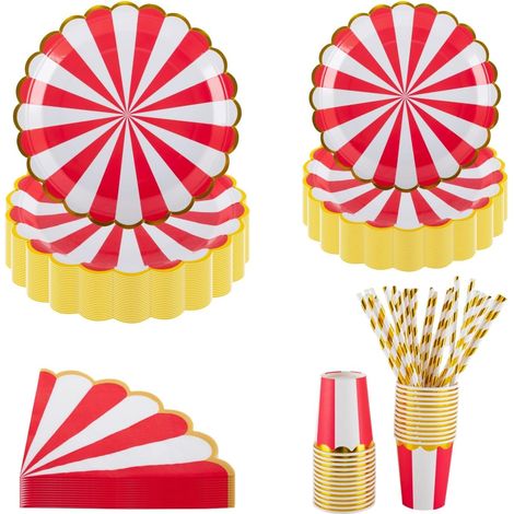 Lot d'assiettes, gobelets et serviettes de table en carton rouge et blanc de 18 cm et 23 cm, pour 25 invités, pour les fêtes, événements et célébrations (1/5)