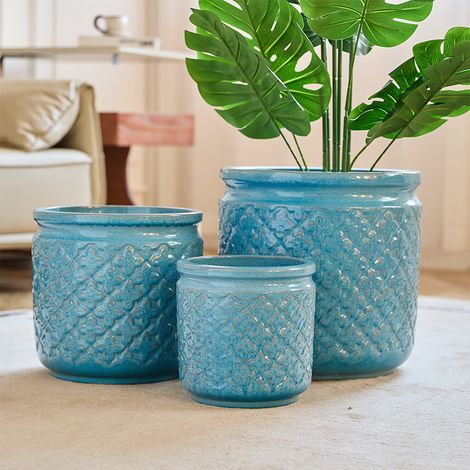 Set 3 Pots Céramique Bleu Antique (Ø 38,1/30,5/22,9 cm) – Motifs Géométriques, Drainage