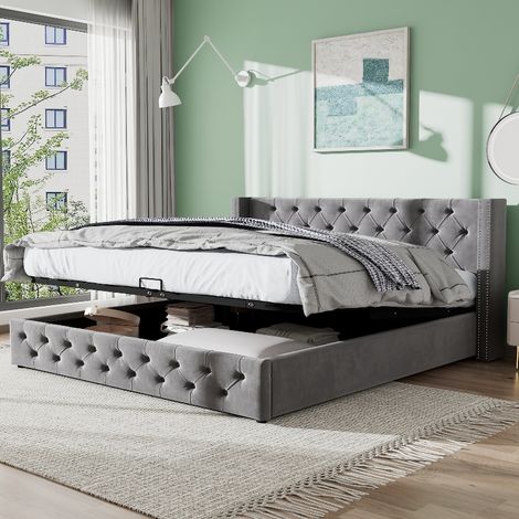 Lit coffre 140x200 avec sommier et espace de rangement, lit double capitonné style Chesterfield avec tête de lit à oreilles, velours gris (1/5)