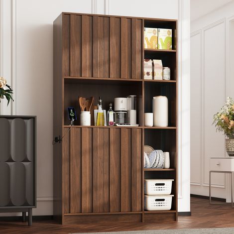Buffet de cuisine haut avec led et prises - 180 x 105 x 40 cm - armoire de rangement vaisselier pour salon et salle à manger en bois mdf moderne - noyer (1/5)