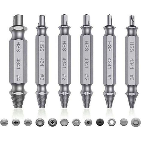 Extractor de tornillos rotos de 6 piezas fabricado en acero endurecido de alta resistencia: kit completo para un desmontaje preciso y seguro.