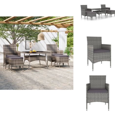 The Living Store Ensemble à Manger jardin 5 pcs résine tressée verre trempé Gris - Chaises de jardin (1/5)