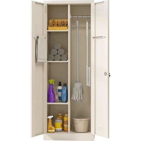 Armoire à balais, armoire multifonctionnelle en acier, armoire de rangement avec compartiment pour aspirateur et étagères réglables, 60 x 40 x 165 cm (1/5)
