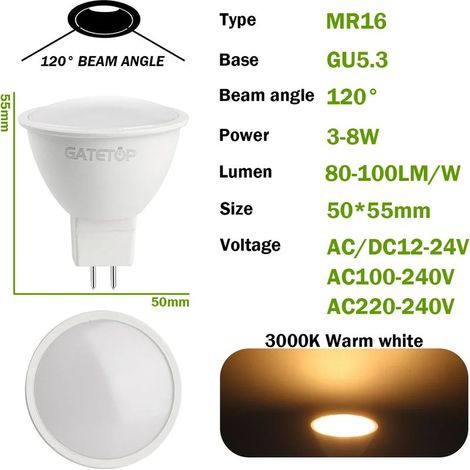 Lampes de croissance pour plantes (120 degrés 3000K, AC/DC 12-24V, 6W) 10 ampoules LED MR16 pour spots GU5.3 (1/5)