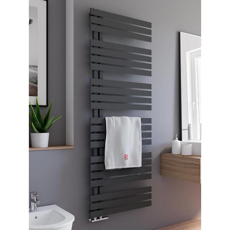 Schulte Badheizkörper Breda, flacher Designheizkörper mit seitlich versetztem Mittelanschluss, Stahl pulverbeschichtet in Pearl Schwarz, 169 x 60 cm