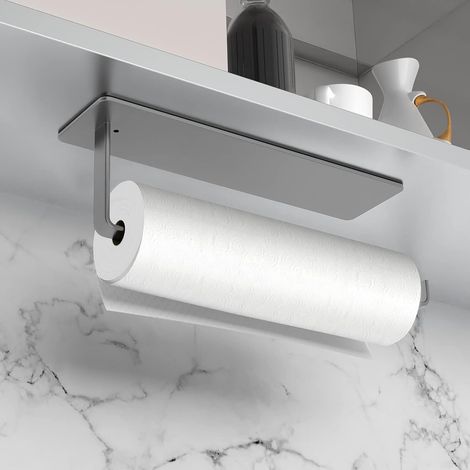 Selbstklebender Papierhandtuchrollenhalter, wandmontierter Papierhandtuchrollenhalter, kein Bohren erforderlich, geeignet für unter Schränken/Badezimmer, 26 cm Metall, grau.