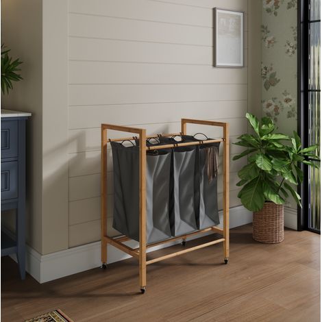 Panier à linge 3 compartiments sur roues bambou OKMYHOME (1/5)