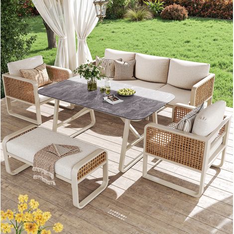 Salon de jardin 6 places 178x61x76 cm beige en PE rotin avec coussins lavables et table réglable (1/5)