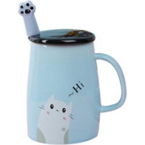 Mug en céramique mignon avec motif chat et cuillère en acier inoxydable, bleu (1/5)