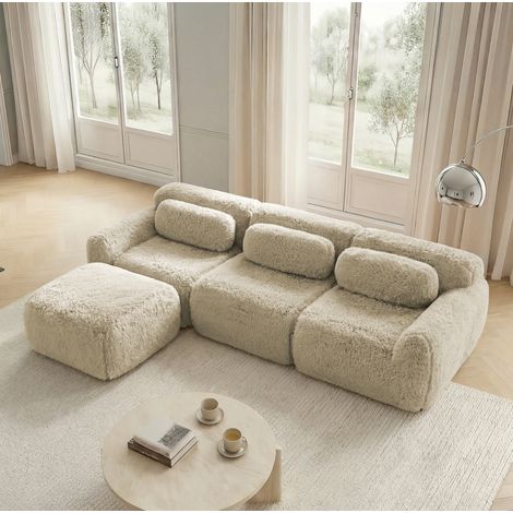 Divano modulare angolare in tessuto peluche, Light Khaki, senza montaggio, con cuscini,204x179x73 cm (1/5)