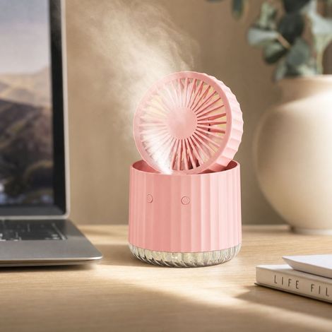 Ventilatore da tavolo con funzione nebulizzante, 3 velocità, funzionamento silenzioso, luce LED, ricarica USB-C, serbatoio dell'acqua da 380 ml, colore rosa. (1/4)