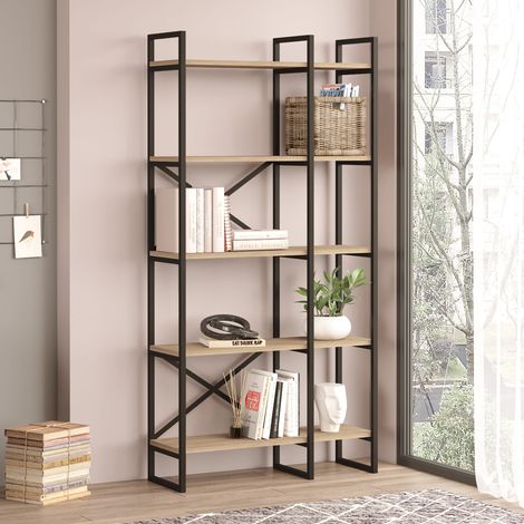Etagère 5 niveaux 87,5x30x175 cm décor chêne et métal noir (1/5)