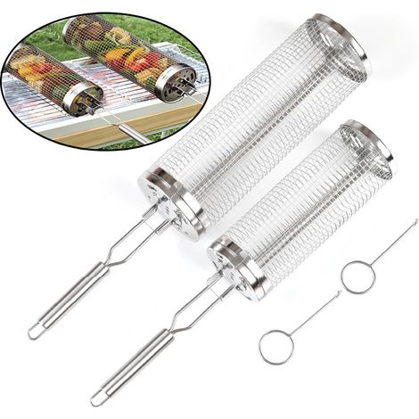 Lot de 2 cage de barbecue – Paniers à barbecue en acier inoxydable – Pour camping et jardin – Avec manches et crochets – cage de gril ronde – tambour rotatif – maille de gril portable – Taille grande (1/5)