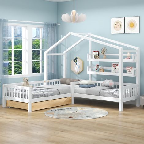 Lit cabane pour enfant avec tiroirs et étagères, bois massif avec barrière et sommier à lattes, structure en L, blanc (90x200 cm + 140x70 cm) (1/5)