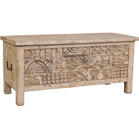 Baúl de madera tallado artesanal beige 100x40x46h cm