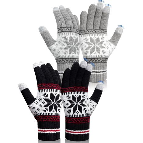 Couple Christmas Gloves – Thickened Elastic Winter Touchscreen Gloves – Snowflake Pattern, Black/Grey