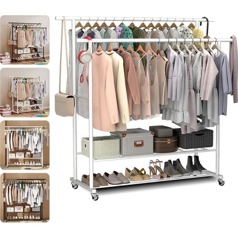 Portant à Vêtements à Roulettes 115 x 40 x 145 cm avec Double Tringle et Étagère de Rangement Porte-manteaux pour Chambre Buanderie LOEFME, Blanc (1/5)