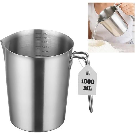 Messbecher 1L Edelstahl 304, Lebensmittelqualität Metall Messbecher mit Griff Feinskala Rundumschüttrand Spülmaschinenfest Messkanne Milchkännchen Kaffeekanne für Haushalt Restaurant Küche (1/5)