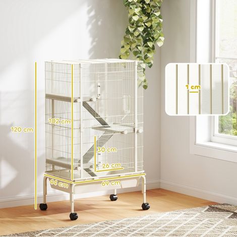 Cage spacieuse pour rongeurs, habitat à 4 étages avec gamelle et abreuvoir, dimensions 88x48x150,5 cm, teinte sable (1/5)