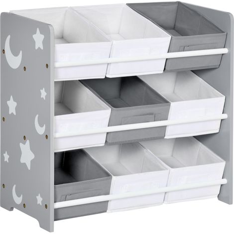 Mobiletto Portagiochi 63x30x60 cm 9 Cestini Rimovibili in MDF e Tessuto Grigio e Bianco (1/5)