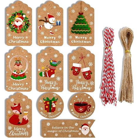 100 Weihnachtsanhänger aus Kraftpapier, Geschenkanhänger, 10 Designs, mit Juteschnur und rot-weißer Schnur, zum Verpacken von Weihnachtsgeschenken (1/5)